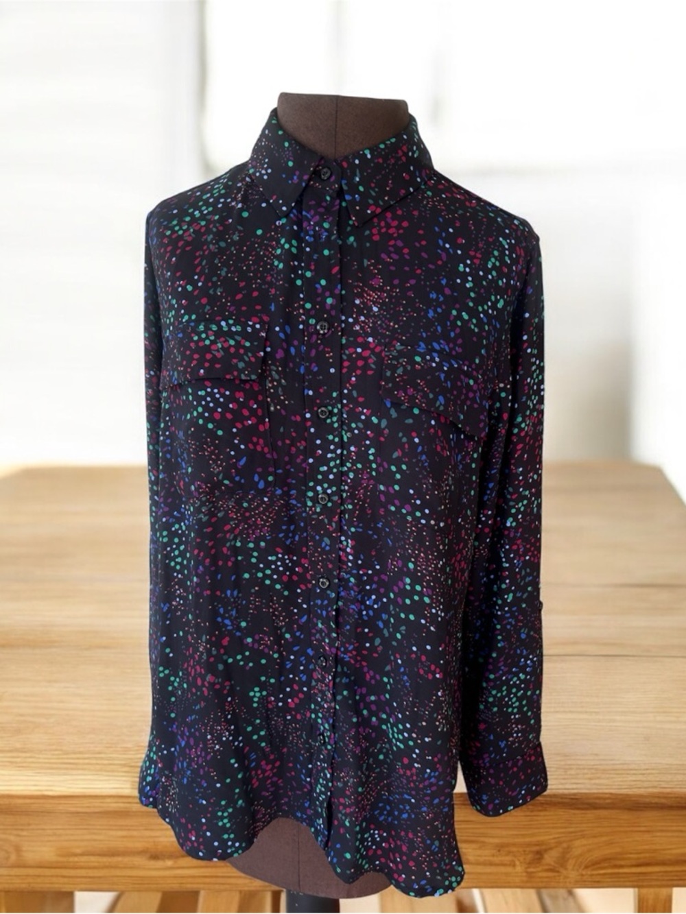 Investments Black Blouse with Multicolor Dot Print